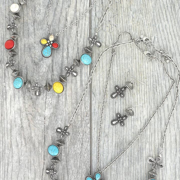 Wholesale Multi Strand Semi Stone & Cross Charm Necklace Set Wholesale Multi Strand Semi Stone & Cross Charm Necklace Set