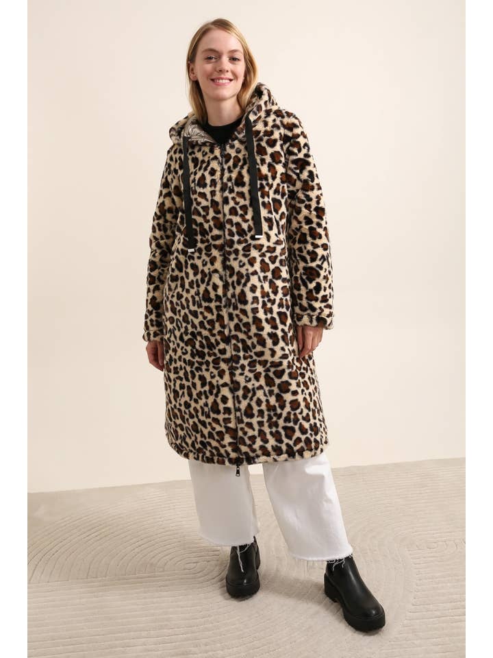 Attrait Paris – Blusão - Mulher por atacado – Casaco longo reversível com capuz e pele de leopardo10