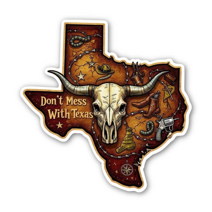 Vintage Texas Aufkleber | Don’t Mess Design | Konturgeschnittener Aufkleber für den Großhandel von PiggyPrintStickers