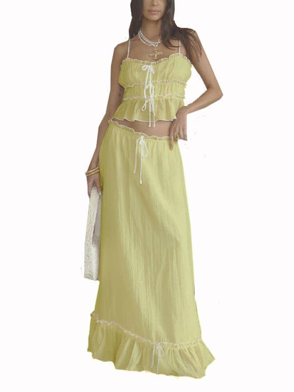 Rosa Clothing - Wholesale Top & Skirt Set - Women's - Suspenders Bow Top Pleated Skirt Set6