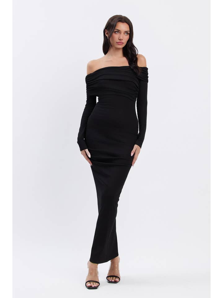 No Vacancy - Wholesale Dress - Women's - Ruched long sleeve bardot neckline maxi dress