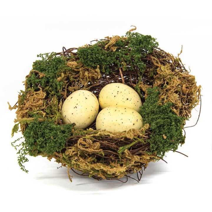 Lush Mossy Birdnest w/White Speckled Eggs - 5 In Dia for wholesale by Saybrook Lane