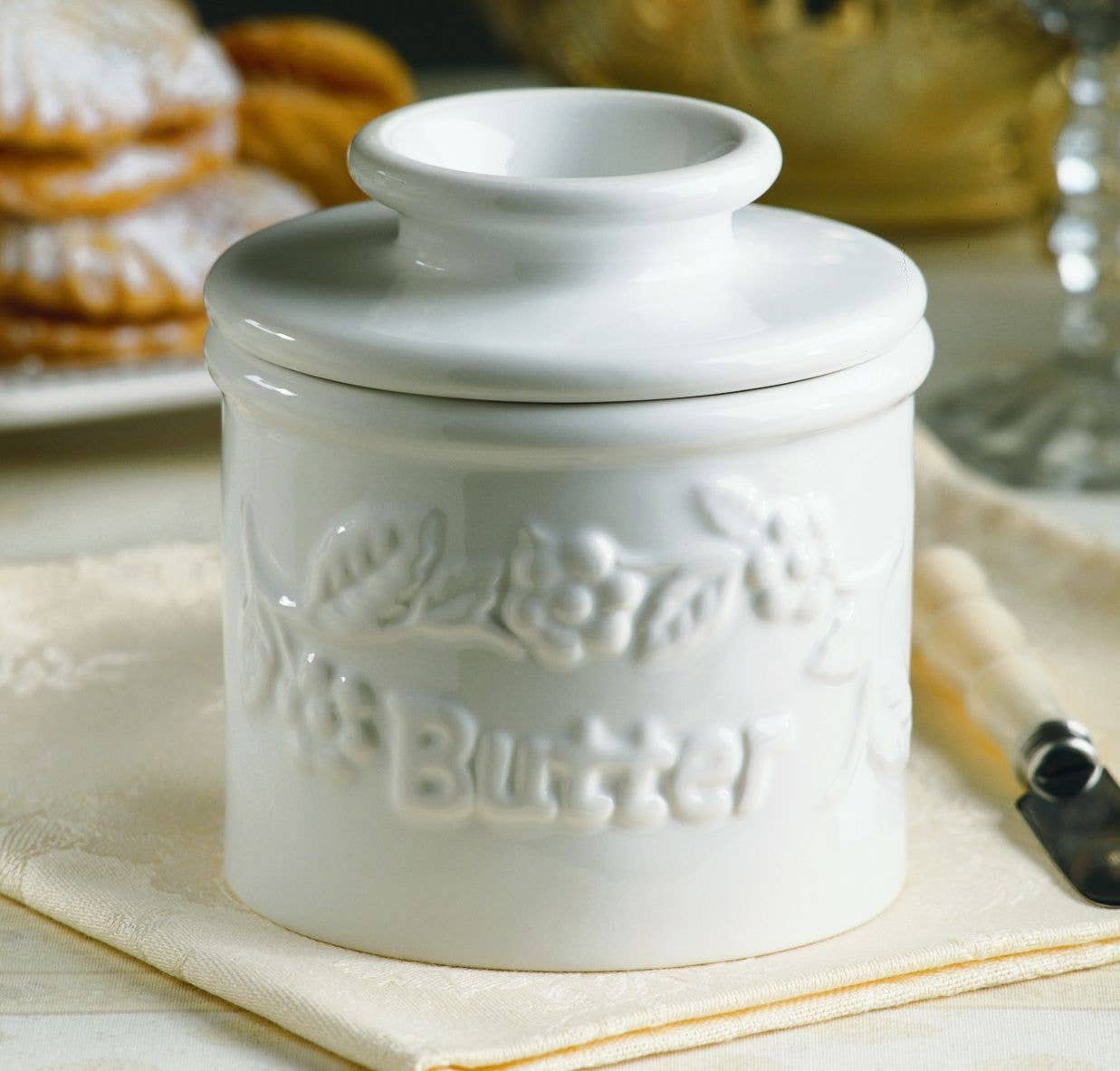 The Original Butter Bell® Crock - Wholesale Butter Dish - The Original Butter Bell® Crock - White Raised Floral1