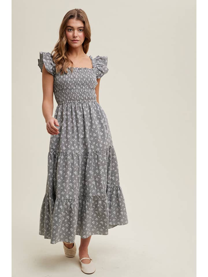Wishlist Apparel - Wholesale Dress - Women's - CHECKERED FLORAL MIDI DRESS / WL24-9726