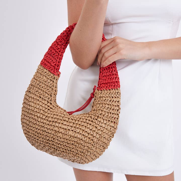 Marrón Bolso Redondo de Paja con Asa Roja de venta al por mayor en Faire