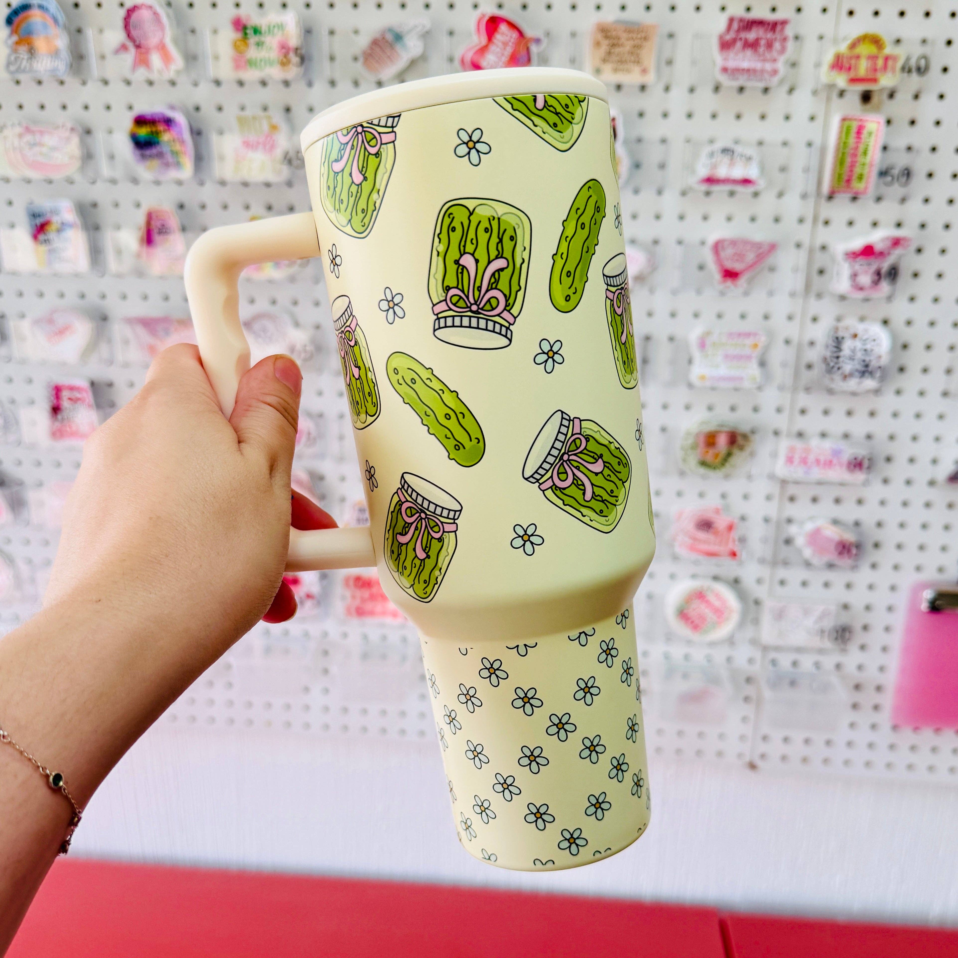 Sonny Rising - Wholesale Insulated Mug/Tumbler - 40oz Tumbler with Lid and Straw, Pickle Girly on Cream2