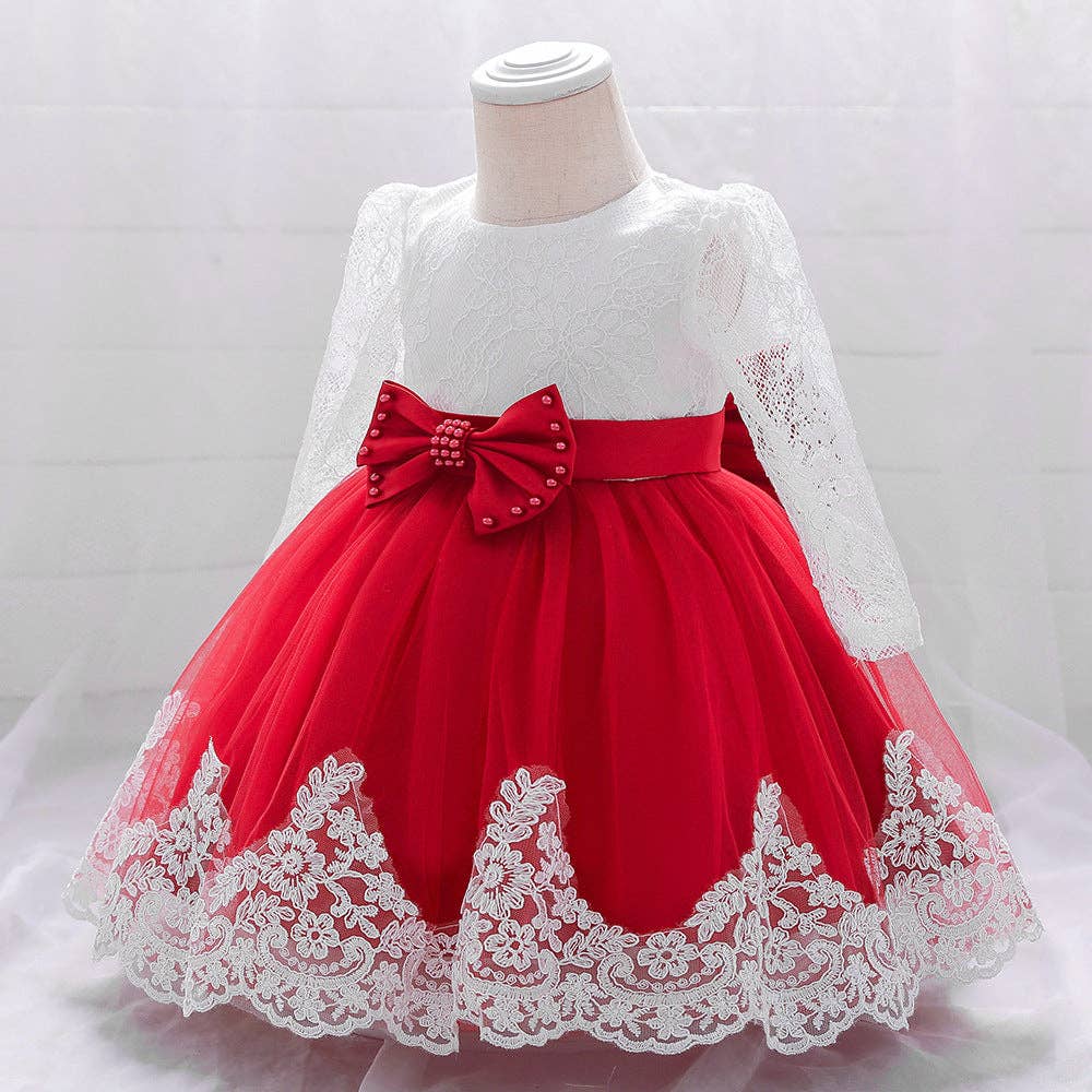 MyKids-USA® - Wholesale Dress - Baby - Baby Girl Bow Patched Design Long Sleeves Full Moon Christening Mesh Formal Dress5