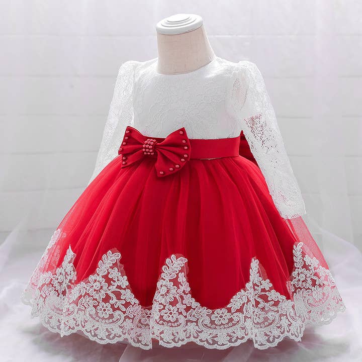MyKids-USA® - Wholesale Dress - Baby - Baby Girl Bow Patched Design Long Sleeves Full Moon Christening Mesh Formal Dress5