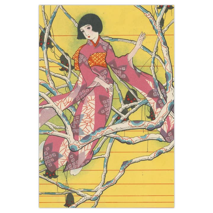 Carte postale - illustration japonaise vintage - fille dans un arbre pour la vente par 50 Watts