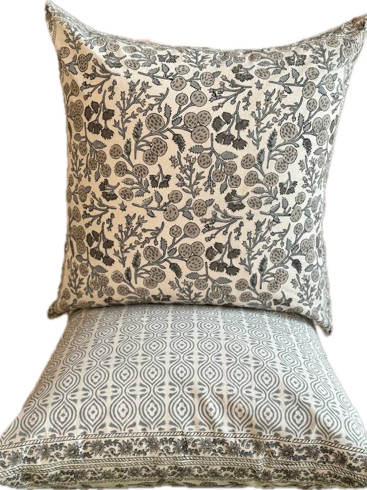 Set of 2 Block Printed Cushion Covers Grey on Off White for wholesale by Traditional Trinkets & Textiles