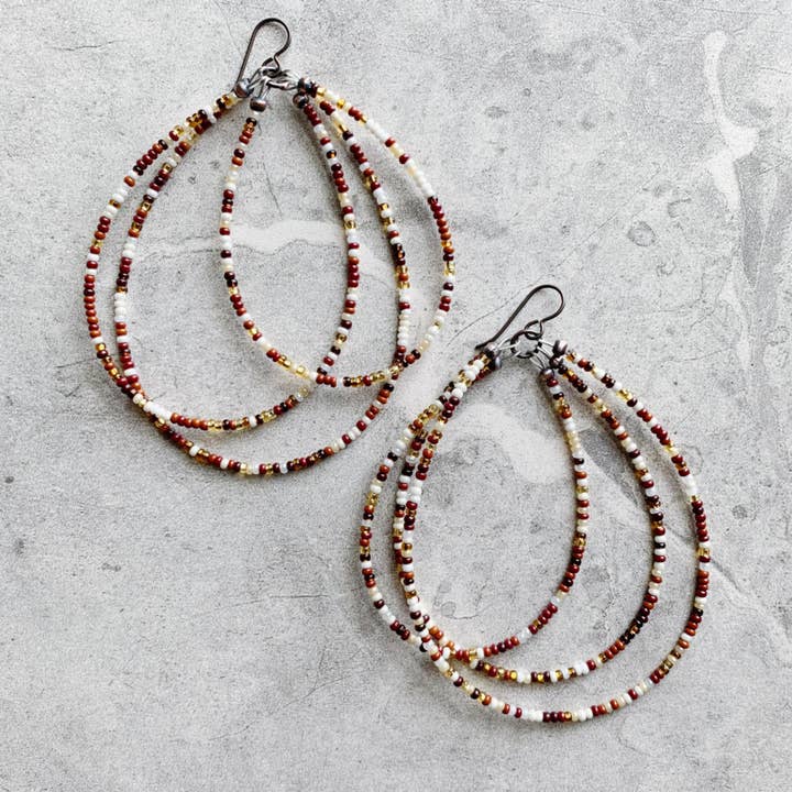 Harmony Triple Beaded Hoop Earrings - Brown/Cream/Gold for wholesale by LITVA'S Jewelry