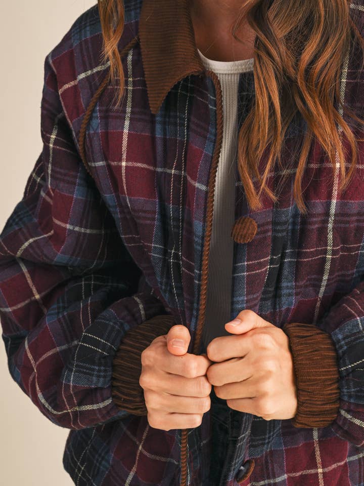 &MERCI - Wholesale Jacket - Women's - PLAID QUILTED JACKET WITH CONTRAST CORDUROY DETAIL MJK411537