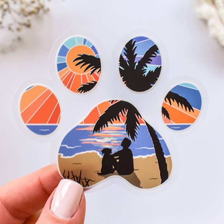 Wild Peonies Studio - Wholesale Sticker - Dog Paw Print Beach Guy with Dog Clear Vinyl Sticker