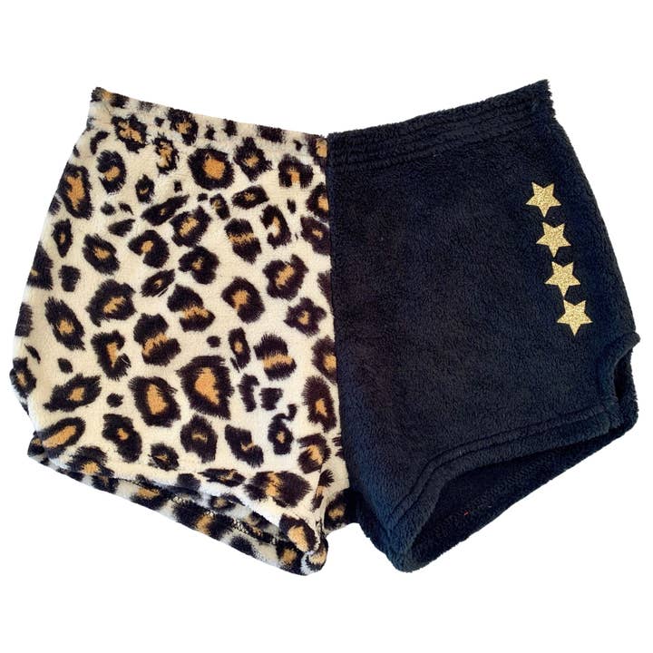 Made With Love & Kisses – wholesale Lounge shorts – Kids – Fuzzy Black / Leopard "Gold Stars" Pajama Shorts