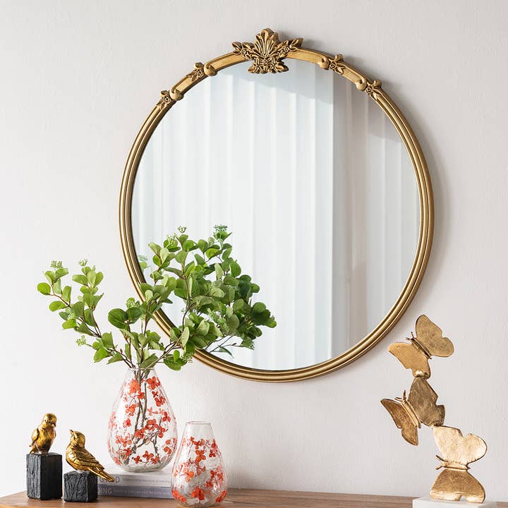 30x31" Round Wall Mirror Decorative Leaf Crest - Gold for wholesale by A&B Home Group Inc.