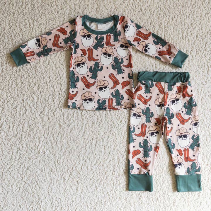 Yawoo Garments - Wholesale Sleepwear Set - Kids - Santa cactus boots kids boy Christmas western pajamas1