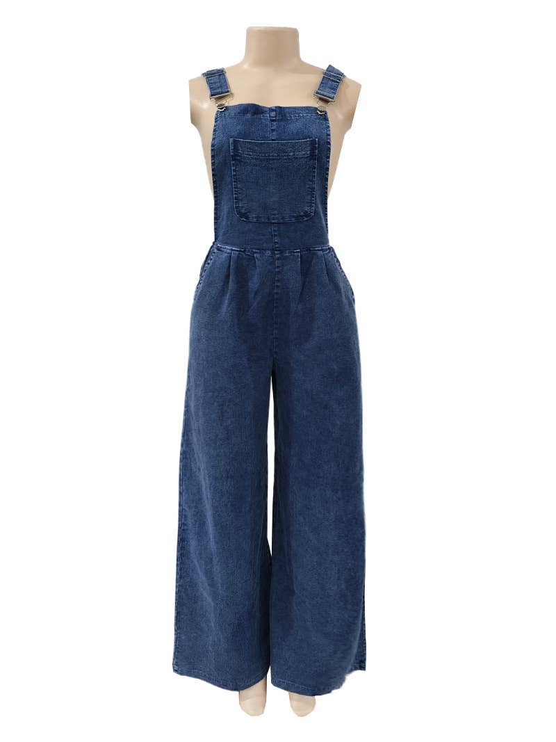 HIDDENBRAND - Wholesale Overalls - Women's - Loose overalls Big Pockets Hem Denim Wide Leg  Jumpsuit0