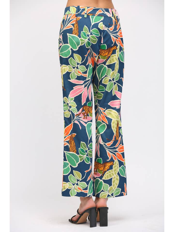 NAVY MULTI TROPICAL PRINT PINTUCK FLARE PANTS FP60025 for wholesale on Faire
