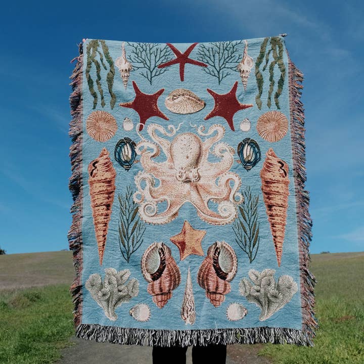 Ocean Life Beach House Decor Octopus Shells Throw Blanket for wholesale by Relatable Basic