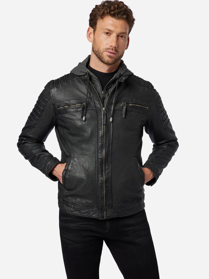 Herre læderjakke 12815 hætte - premium lammeskind for engroshandel hos Ricano