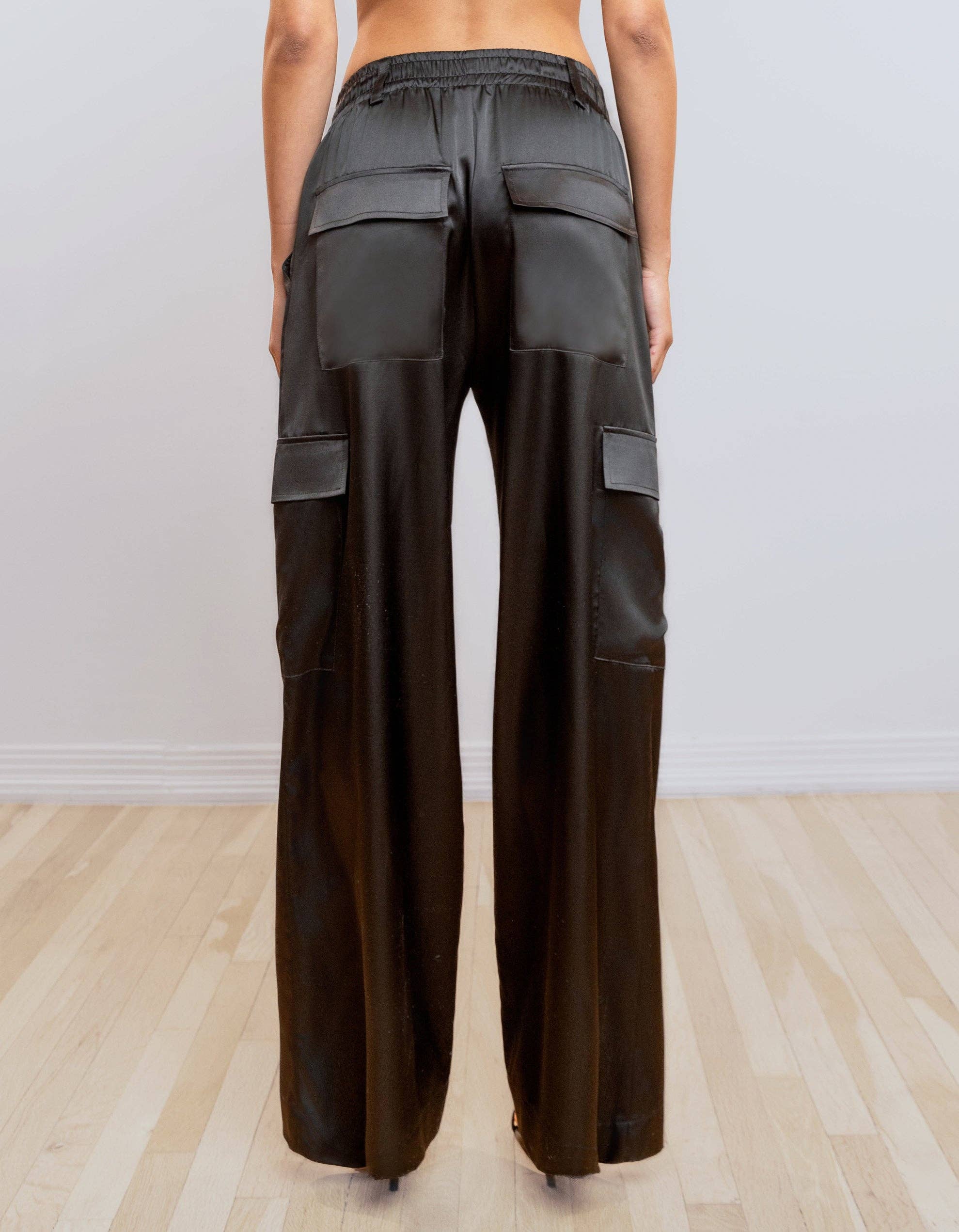 BLACK SATIN CARGO PANTS [BLACK ] for wholesale on Faire1