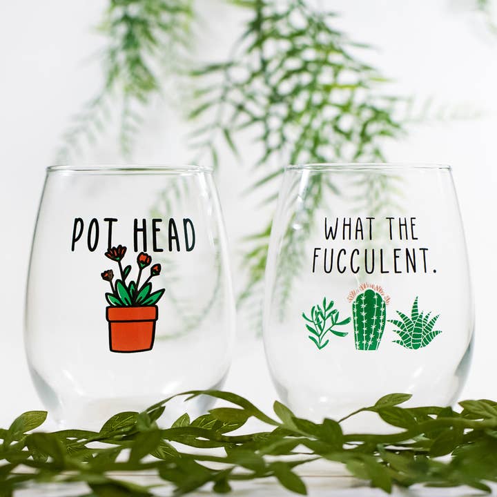 On The Rox Drinks - Wholesale Wine Glass - 15oz Funny Succulent Stemless Wine Glasses, Set of 2