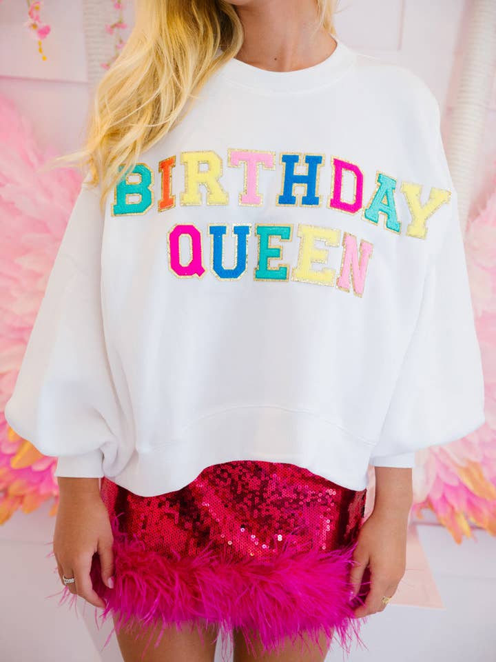 Bianco Felpa Birthday Queen con maniche a palloncino in vendita all'ingrosso su Faire