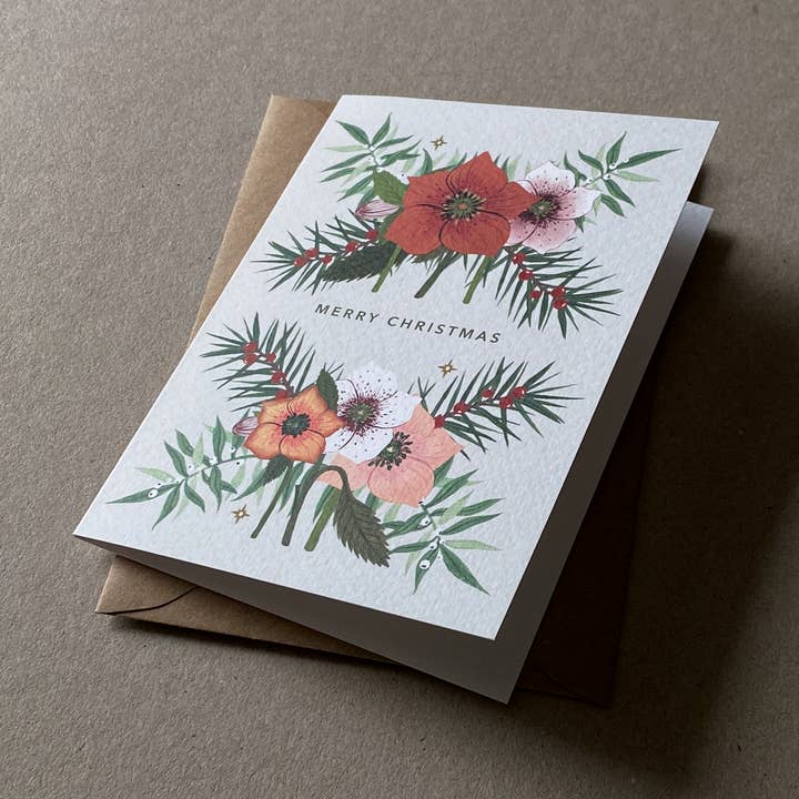 Merry Christmas Foliage Greetings Card for wholesale by Elle Morse