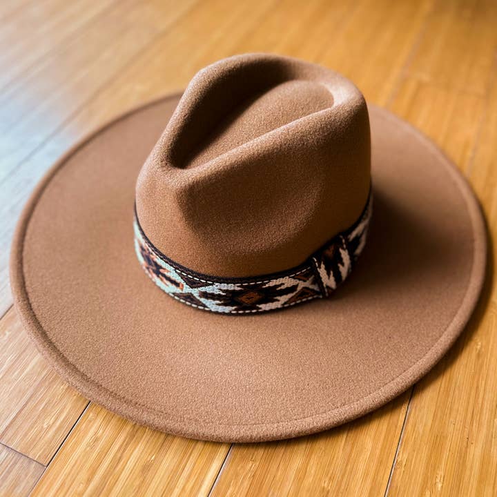 Elegant Camel Fedora with Multi Aztec Western Print Ribbon for wholesale on Faire4