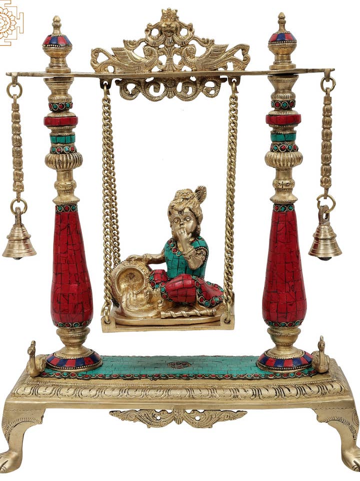 Statue de Krishna au beurre de 16 pouces sur une balançoire | Sculpture artisanale pour la vente par Exotic India Art