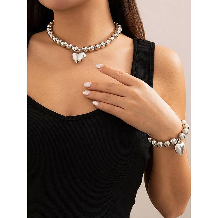 ginghamandposh - Wholesale Jewelry Set - Beaded Heart Shape Shiny Bracelet and Dainty Necklaces