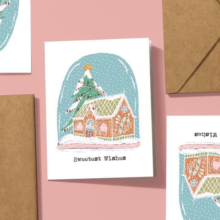 Gingerbread House Snow Globe Christmas Card for wholesale by Yellow Birds Design