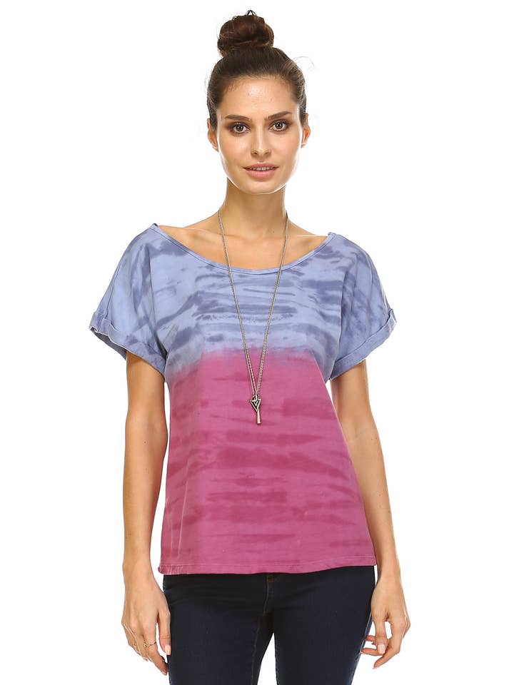Two toned dip dye short sleeve scoop neck top twisted open for wholesale by Urban X Apparel