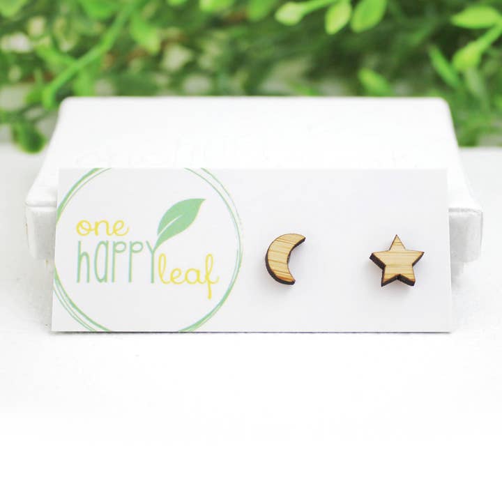 Star and moon stud earrings for wholesale by One Happy Leaf