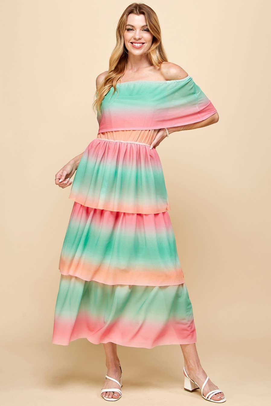 Vert/Flamant rose ISD1211B Robe arc-en-ciel à épaules dénudées vert rose en vente sur Faire11