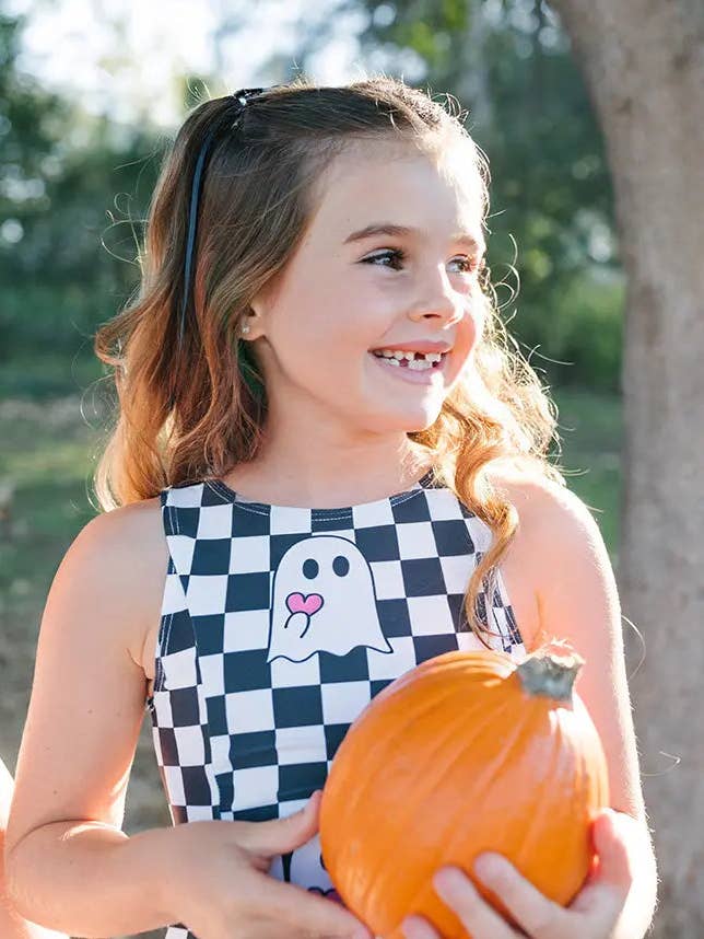 C A S S I E - Girls Black and White Checkerboard Friendly Ghost Dress for wholesale by Young at Hart