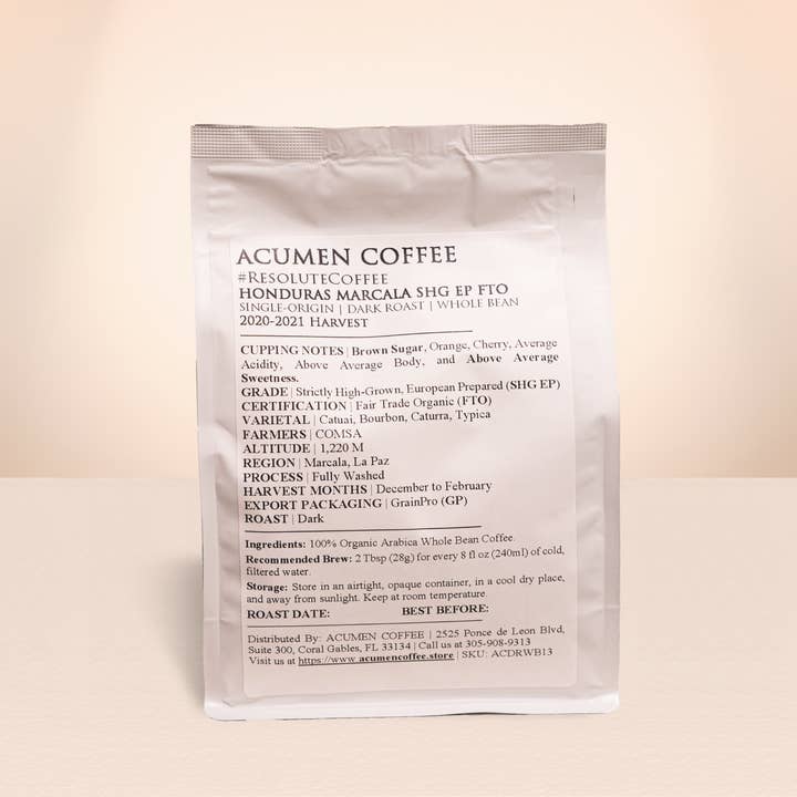 Acumen Coffee - Wholesale Coffee Beans - Honduras | Marcala SHG EP FTO | Dark Roast | 12oz1