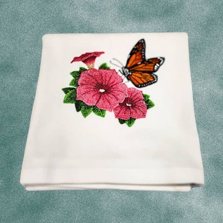Handmade Garden Monarch and Petunia Embroidered Kitchen Towe for wholesale by Sheryl's Stitchery Niche