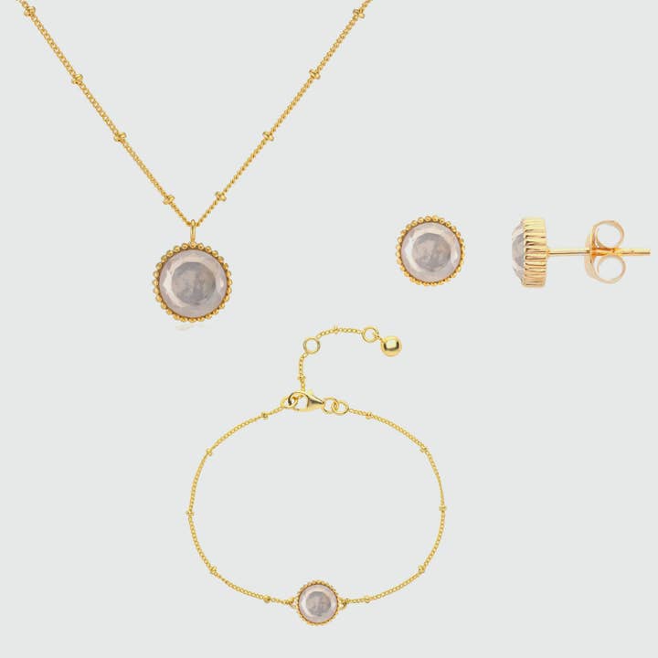 Ensemble de bijoux en quartz rose et vermeil d'or de naissance d'octobre à Barcelone pour la vente par Auree Jewellery
