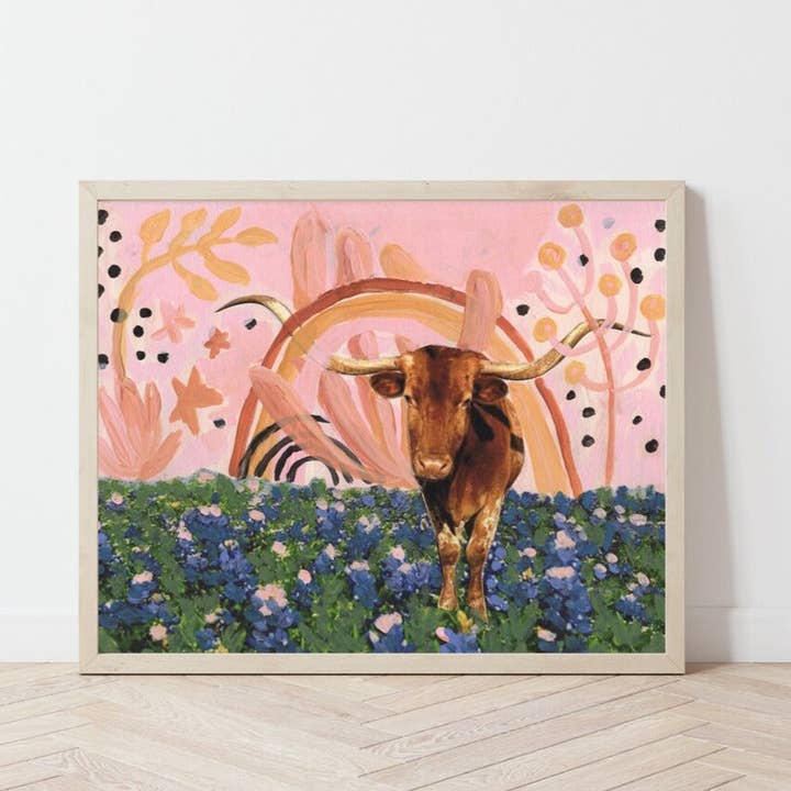 Rainbow Longhorns Mixed Media Print for wholesale by El Baker Art