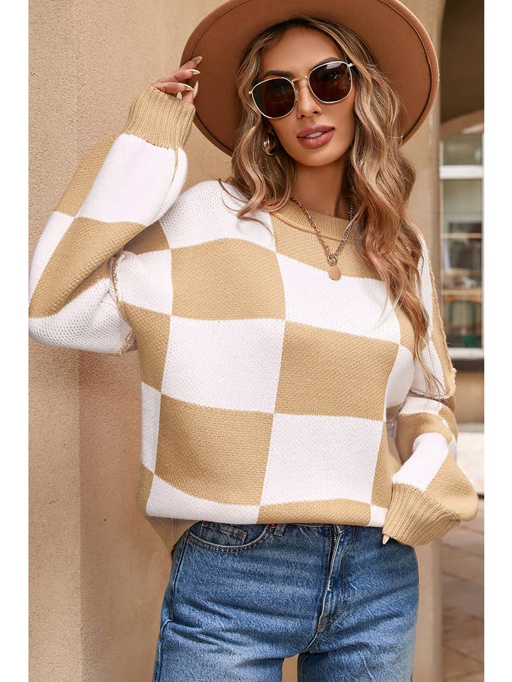 Little Daisy Closet - Wholesale Knit Sweater - Women's - LDC Checkered Bishop Sleeve Sweater