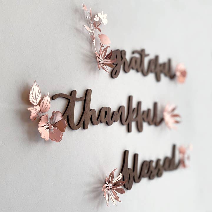 Inspired Indigo - Wholesale Wall Accent - "Grateful Thankful Blessed" Wood and Metal Word Art