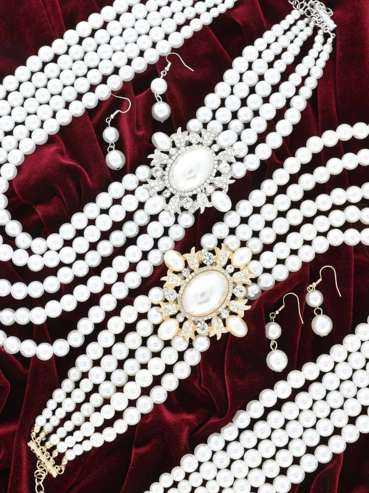OVAL BROOCH MULTISTRAND PEARL NECKLACE SET NPY045 for wholesale by anbfashion