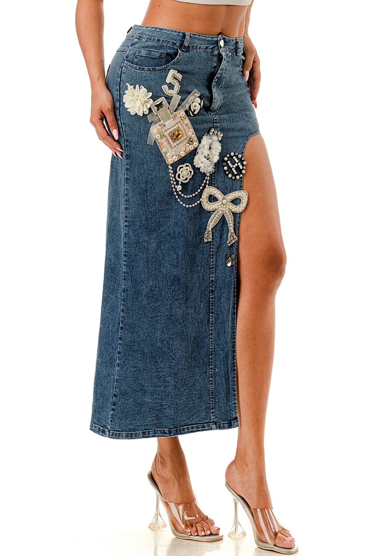 SALT – Großhandel Rock – Damen – (SK3967) No.5 verziertes Jeans-Midirock in 3 Farben7