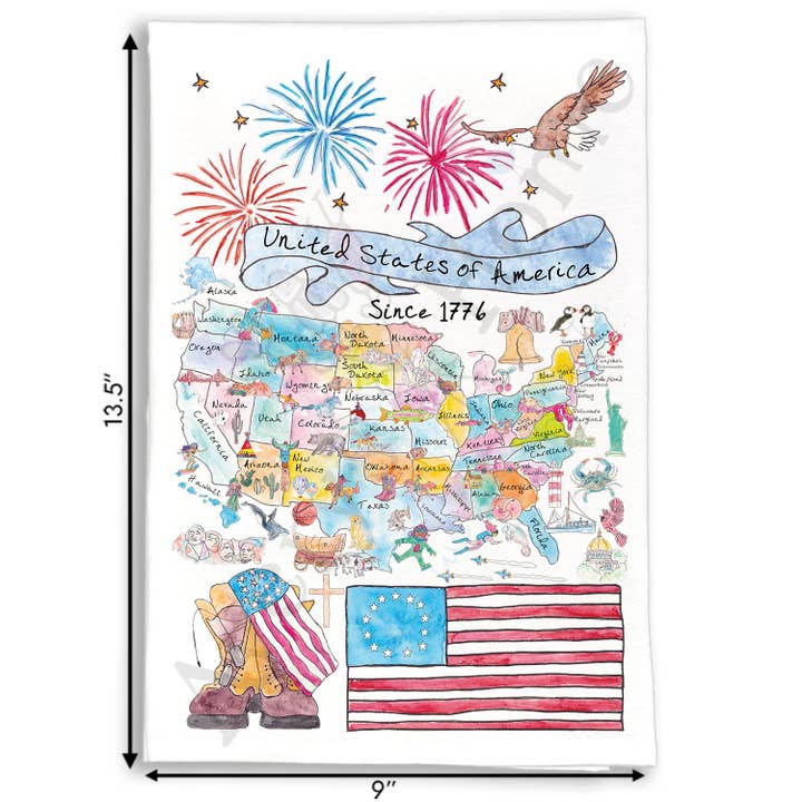 USA Illustrated Map Since 1776 Kitchen Towel for wholesale by Avery's Home