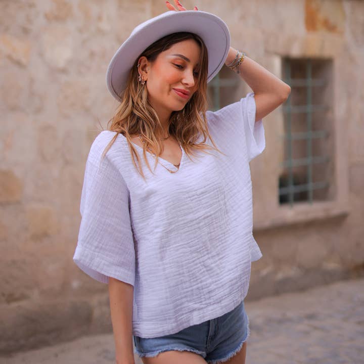 White Double Gauze Cotton V-Neck Top for wholesale by Moa