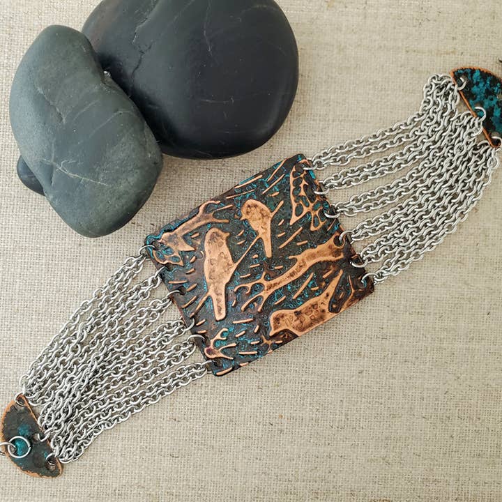 Natural Patina Emboss Large Multi Chain Copper Bird Bracelet for wholesale by Covaly Artisan Jewelry