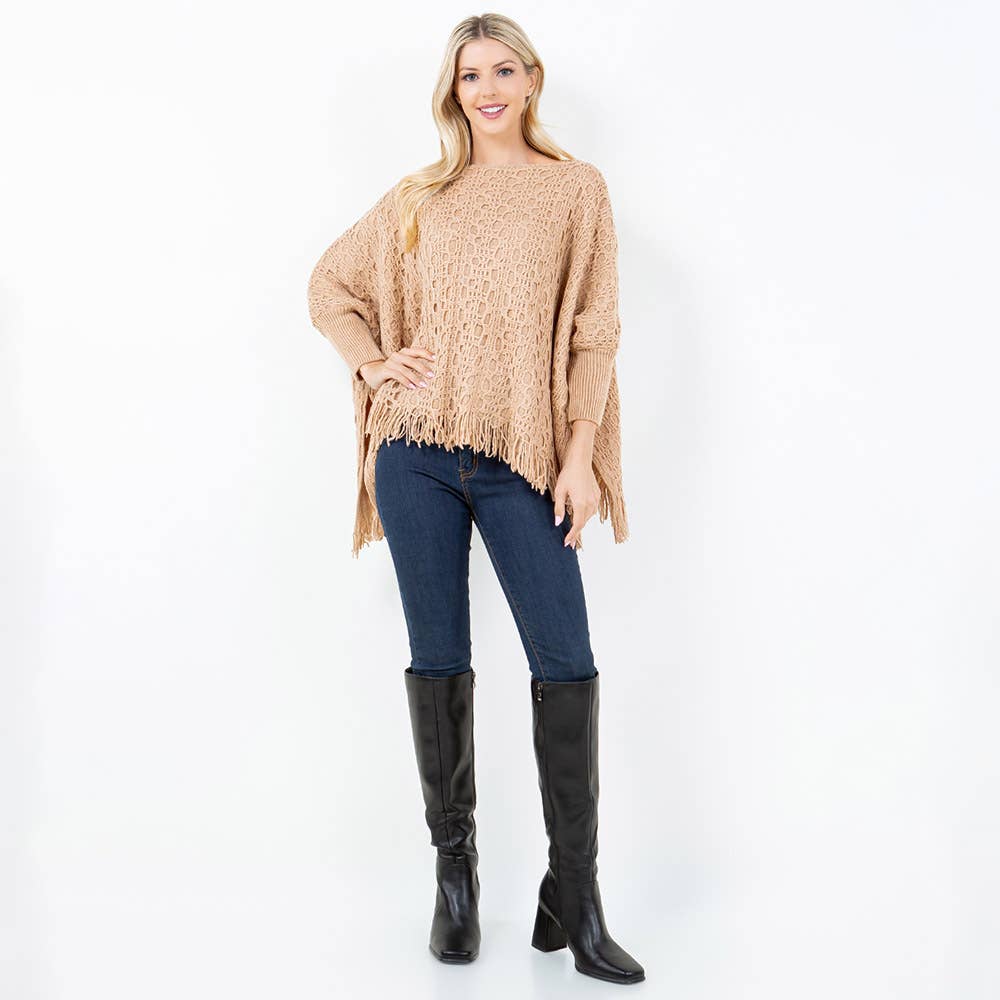 Sensibling Corp. - Wholesale Poncho - Women's - Boho Fringe Hem Crochet Knit Poncho2