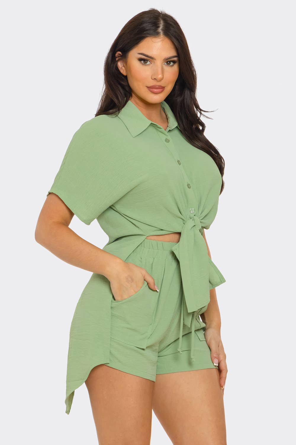 Julia by LoveJ - Vente Ensemble haut et short (PAS d'intérieur) - Femme - Ensemble haut fendu surdimensionné à nouer devant et short6