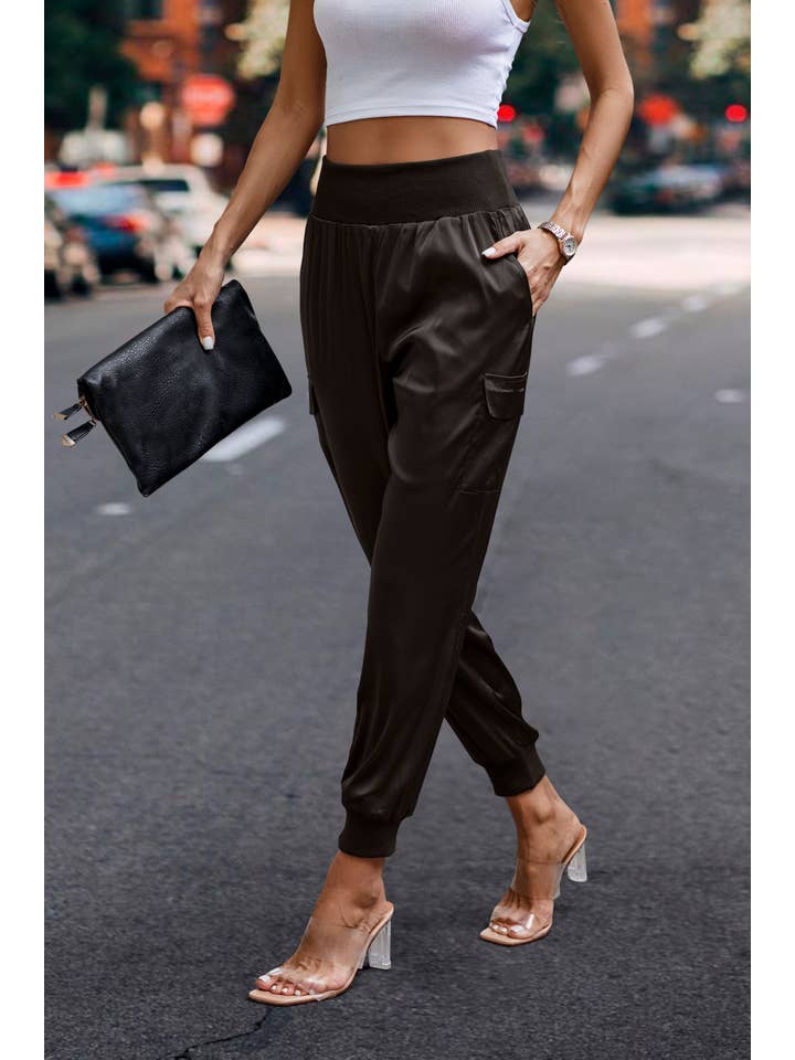 eLook - Wholesale Lounge Sweatpants/Joggers - Women's - SZ1-P0012 Satin Cargo Jogger with Ribbed Waist14